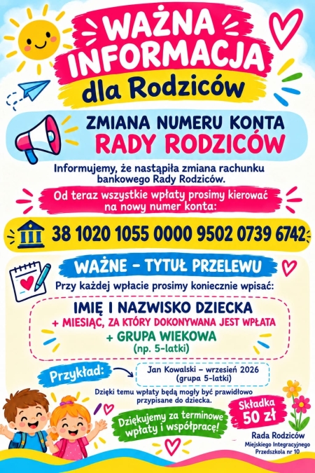 WAŻNA INFORMACJA - ZMIANA NUMERU KONTA RADY RODZICÓW